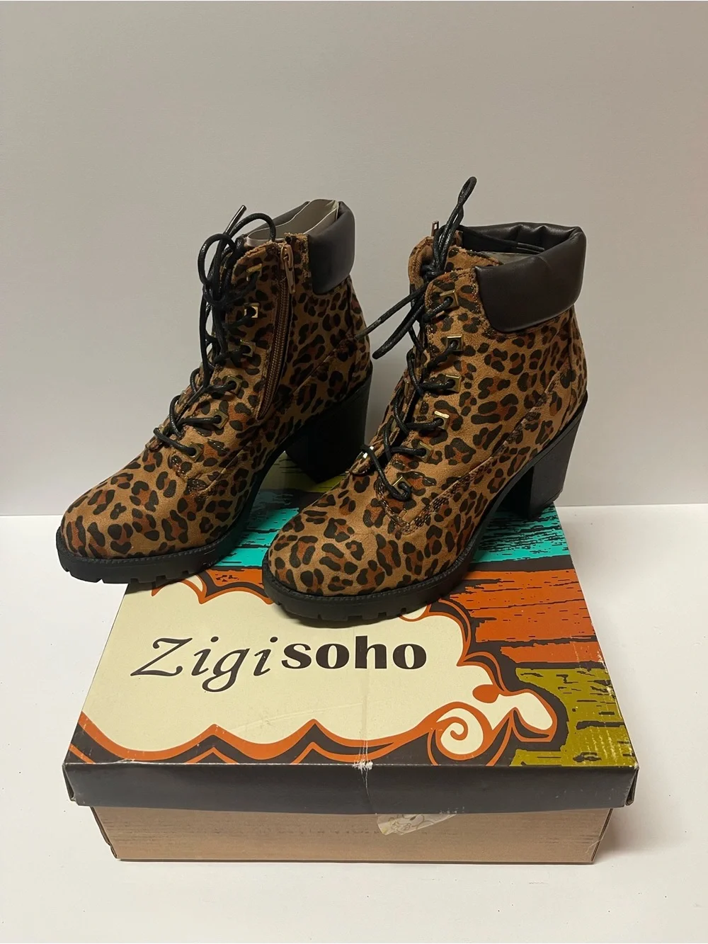 Zigi Soho Leopard Lace-Up Ankle Boots in Brown and Black - Picture 1 of 7